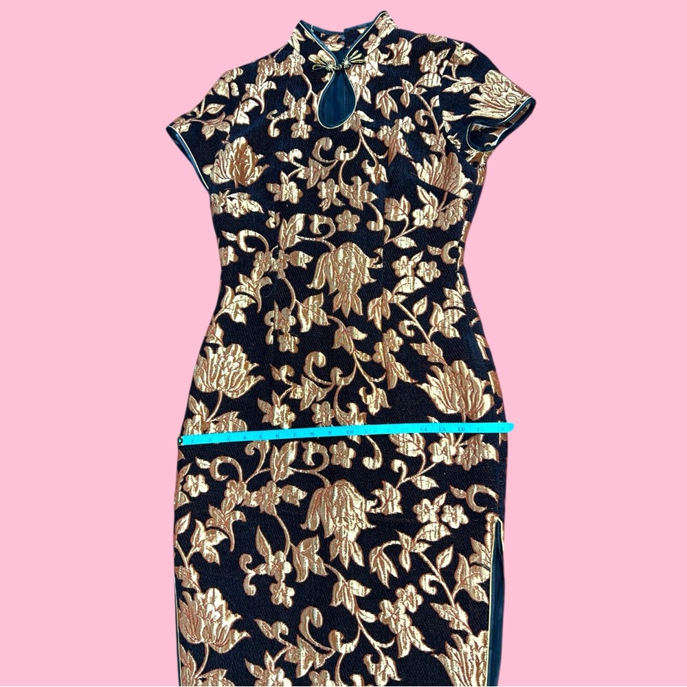 Black and Gold Floral Jacquard Cheongsam Quipao Asian Chinese Dress - Picture 10 of 16